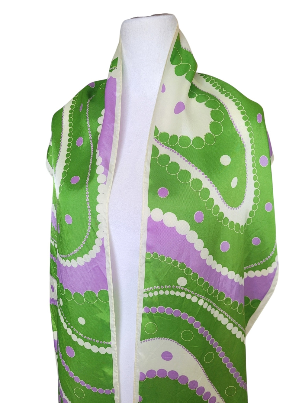 Vintage Mod 60s Op Art Green & Lavender Long Fringe Scarf - Picture 4 of 11